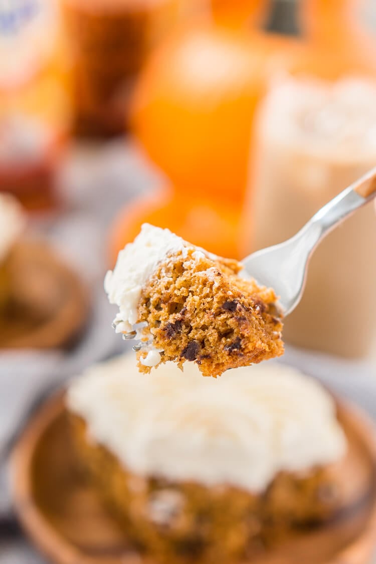 This Pumpkin Chocolate Chip Poke Cake is a deliciously seasonal dessert that's great for potlucks and family gatherings. A dense pumpkin spice cake soaked in sweetened condensed milk and loaded with chocolate chips is topped with a fluffy cheesecake frosting and dusted with cinnamon!