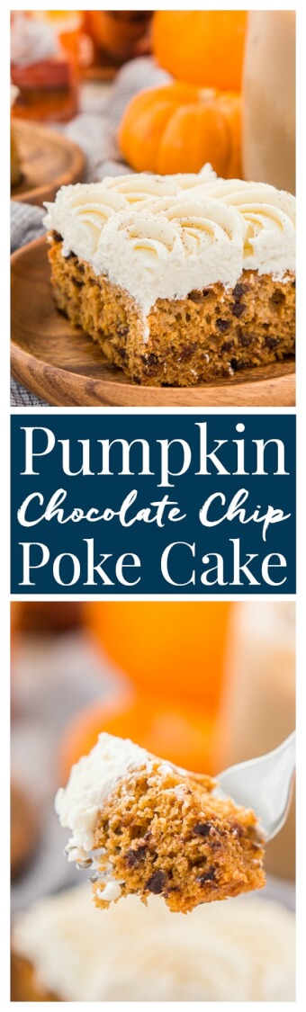 This Pumpkin Chocolate Chip Poke Cake is a deliciously seasonal dessert that's great for potlucks and family gatherings. A dense pumpkin spice cake soaked in sweetened condensed milk and loaded with chocolate chips is topped with a fluffy cheesecake frosting and dusted with cinnamon! via @sugarandsoulco