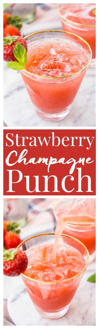 This Strawberry Champagne Punch is the ultimate pink drink! It's sparkly, easy to make, and loaded with strawberry sweetness! via @sugarandsoulco