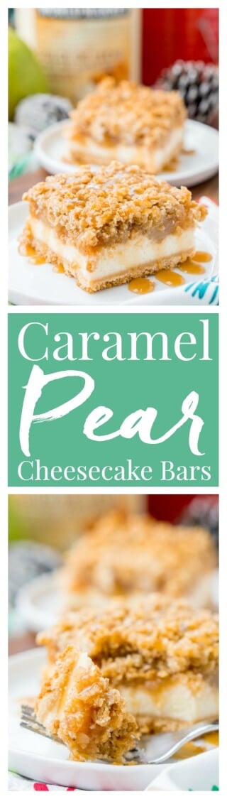 These Caramel Pear Cheesecake Bars are inspired by “a partridge in a pear tree” from the classic holiday song “12 Days of Christmas.” These decadent layered bars represent traditions old and new, and are perfect for sharing this holiday season! via @sugarandsoulco