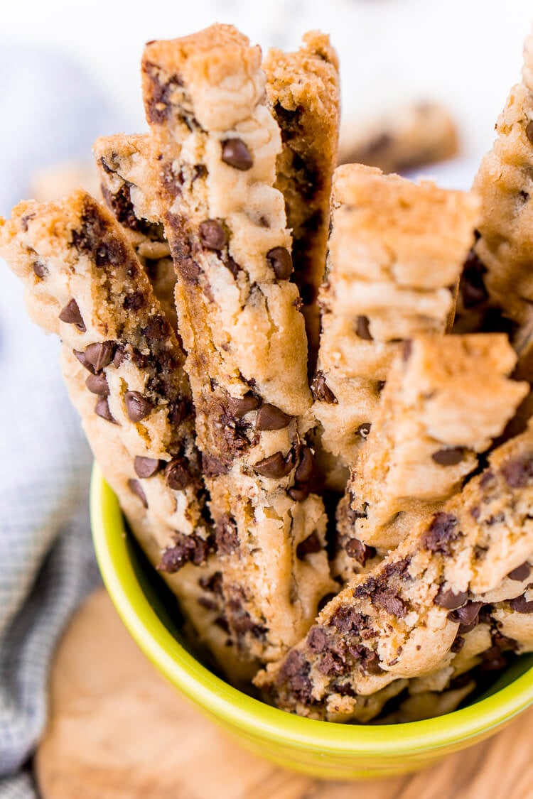 Chocolate Chip Cookie Sticks are a fun twist on classic chocolate chip cookies and the perfect dessert for dipping! A thick, slightly crisp, yet still chewy cookie loaded with chocolate chips and made in a 9 x 13-inch pan for easy baking!