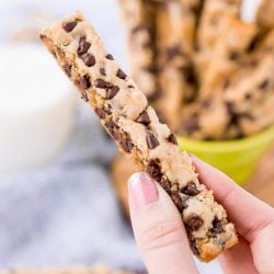 These Chocolate Chip Cookie Sticks are perfect for dunking! A thick, slightly crisp, yet still chewy cookie loaded with mini chocolate chips and made in a 9 x 13-inch pan for easy baking!