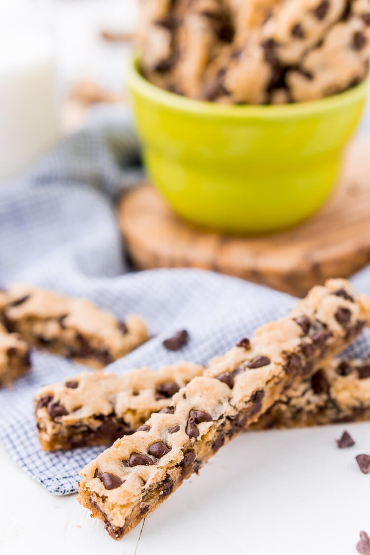 Chocolate Chip Cookie Sticks are a fun twist on classic chocolate chip cookies and the perfect dessert for dipping! A thick, slightly crisp, yet still chewy cookie loaded with chocolate chips and made in a 9 x 13-inch pan for easy baking!