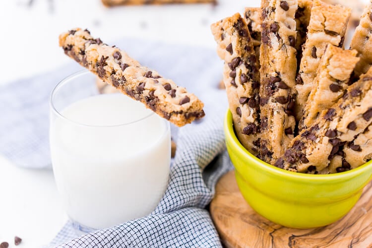 Chocolate Chip Cookie Sticks are a fun twist on classic chocolate chip cookies and the perfect dessert for dipping! A thick, slightly crisp, yet still chewy cookie loaded with chocolate chips and made in a 9 x 13-inch pan for easy baking!