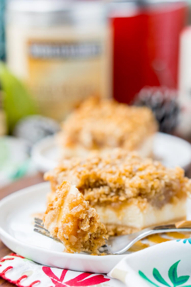 These Caramel Pear Cheesecake Bars are inspired by “a partridge in a pear tree” from the classic holiday song “12 Days of Christmas.” These decadent layered bars represent traditions old and new, and are a perfect dessert for sharing this holiday season!