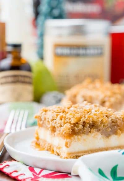 These Caramel Pear Cheesecake Bars are inspired by “a partridge in a pear tree” from the classic holiday song “12 Days of Christmas.” These decadent layered bars represent traditions old and new, and are a perfect dessert for sharing this holiday season!