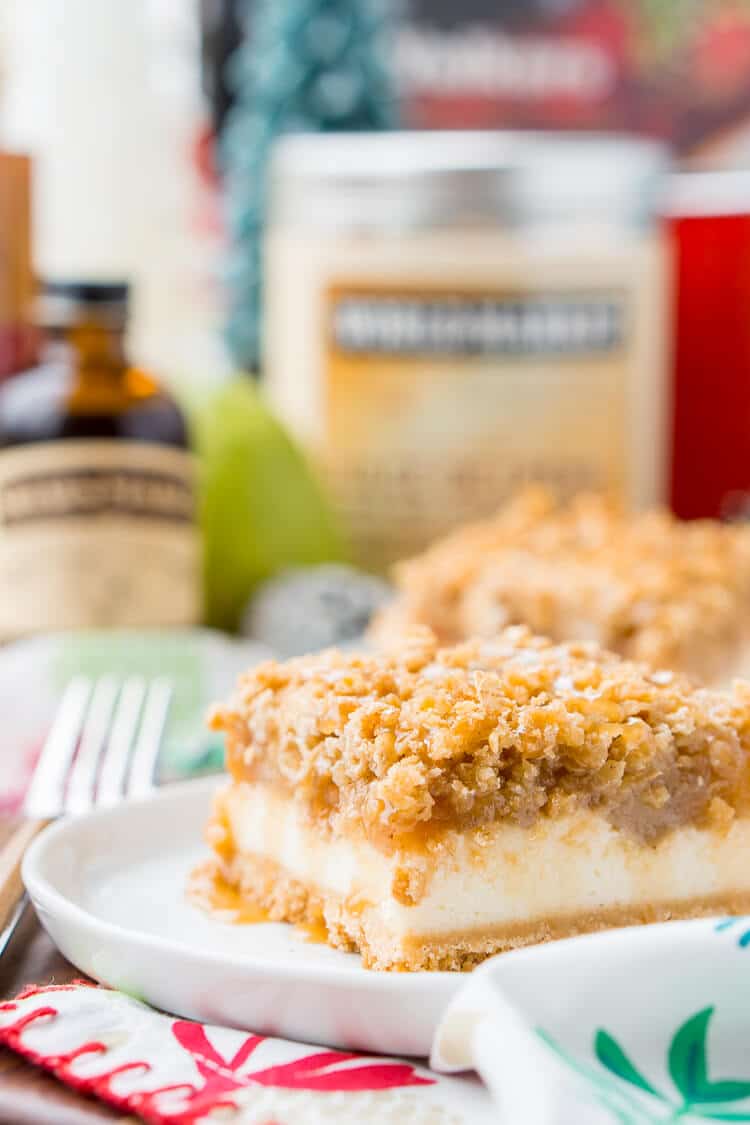 These Caramel Pear Cheesecake Bars are inspired by “a partridge in a pear tree” from the classic holiday song “12 Days of Christmas.” These decadent layered bars represent traditions old and new, and are a perfect dessert for sharing this holiday season!