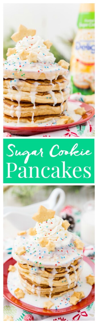 These Sugar Cookie Pancakes will add holiday cheer to your morning routine. Trade in traditional buttermilk for thick, fluffy, and sweet ricotta based pancakes laced with sugar cookie creamer, and topped with baked sugar cookies, icing, whipped cream, and sprinkles! via @sugarandsoulco