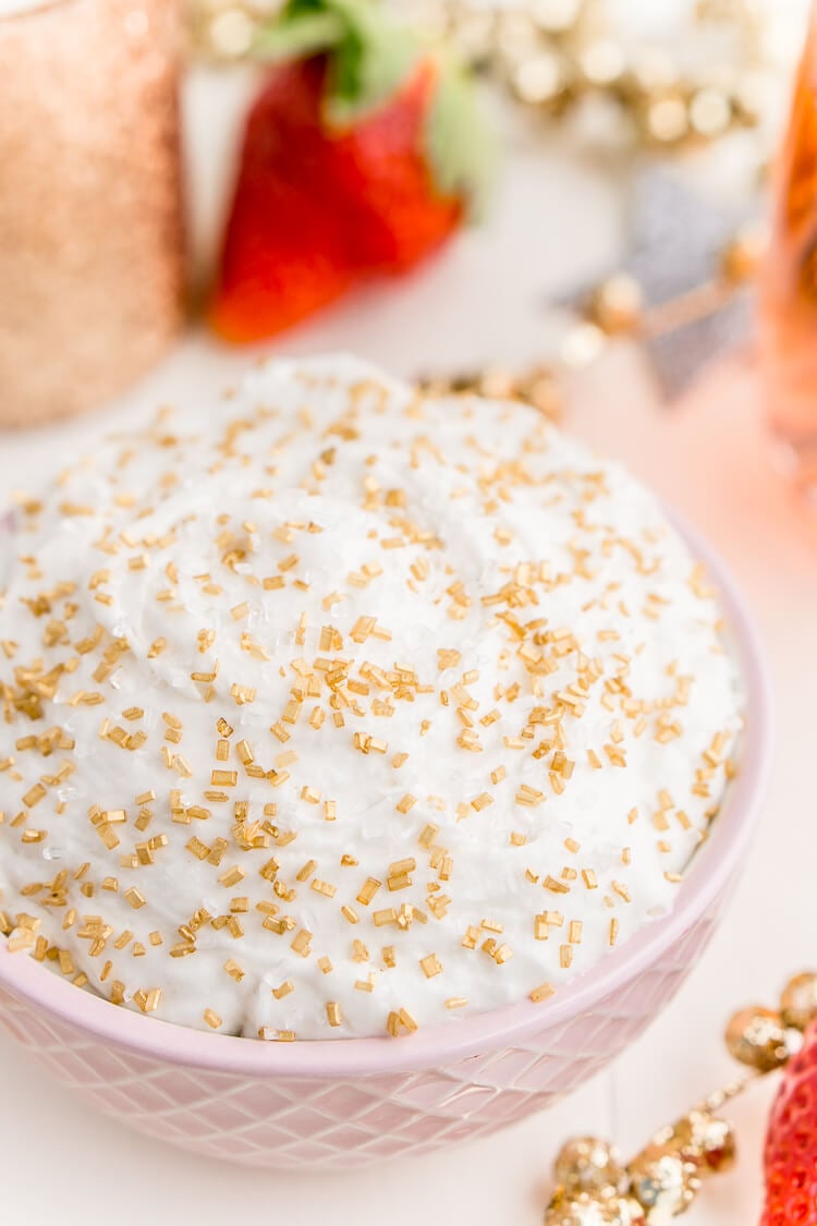 3-Ingredient Champagne Cake Dip is an easy no-bake dessert to whip together for New Year's Eve, Valentine's Day, or bridal showers. Perfect for dipping strawberries, graham crackers, and pretzels!