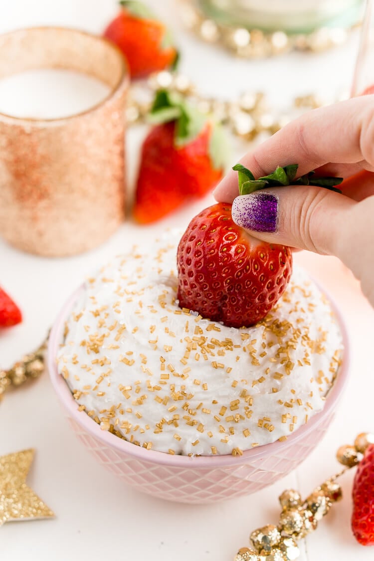 3-Ingredient Champagne Cake Dip is an easy no-bake dessert to whip together for New Year's Eve, Valentine's Day, or bridal showers. Perfect for dipping strawberries, graham crackers, and pretzels!