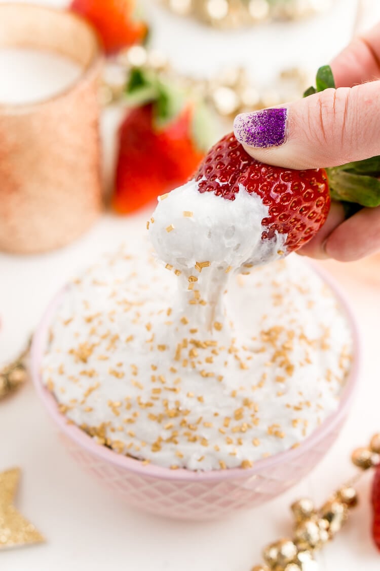 3-Ingredient Champagne Cake Dip is an easy no-bake dessert to whip together for New Year's Eve, Valentine's Day, or bridal showers. Perfect for dipping strawberries, graham crackers, and pretzels!