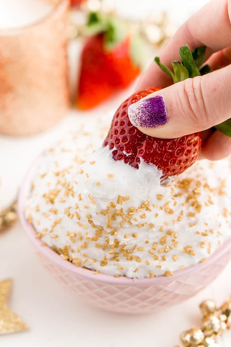 3-Ingredient Champagne Cake Dip is an easy no-bake dessert to whip together for New Year's Eve, Valentine's Day, or bridal showers. Perfect for dipping strawberries, graham crackers, and pretzels!