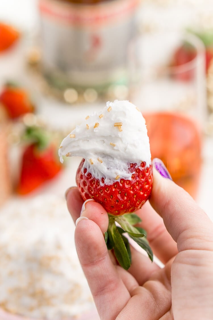 3-Ingredient Champagne Cake Dip is an easy no-bake dessert to whip together for New Year's Eve, Valentine's Day, or bridal showers. Perfect for dipping strawberries, graham crackers, and pretzels!