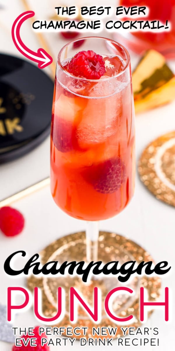 New Year's Eve Champagne Punch is loaded with Triple Sec, blackberry brandy, Chambord, pineapple juice, ginger ale, and champagne for a drink that's sure to be a big hit with all your New Year's Eve party guests!
