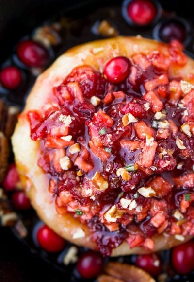 Close up overhead photo of cranberry baked brie.