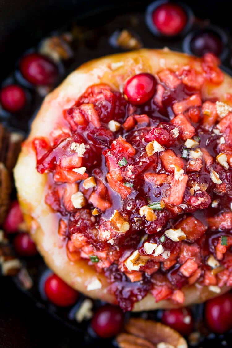 Close up overhead photo of cranberry baked brie.