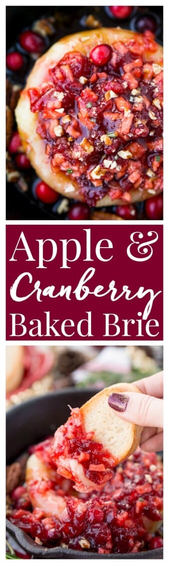 Apple Cranberry Baked Brie is a delicious cheese appetizer loaded with brown sugar, maple syrup, pecans, and an apple cranberry compote. via @sugarandsoulco