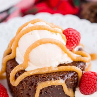 Sticky Toffee Pudding is a rich and cozy cake laced with fig puree and soaked in a sticky toffee sauce. A decadent, sweet, and comforting dessert that can be made up to 4 days ahead of time!