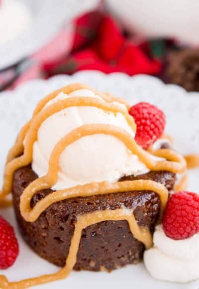 Sticky Toffee Pudding is a rich and cozy cake laced with fig puree and soaked in a sticky toffee sauce. A decadent, sweet, and comforting dessert that can be made up to 4 days ahead of time!