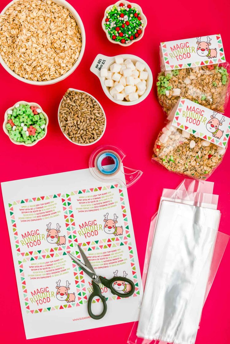 Overhead photo of materials needed to make magic reindeer food and poem bags.