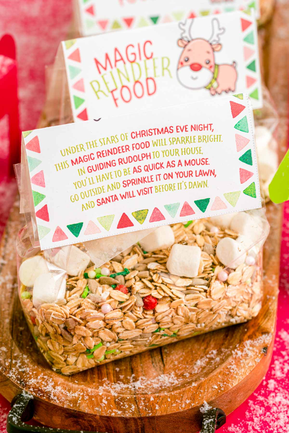 Close up photo of bags of magic reindeer food with a label with the Christmas Eve poem on it.