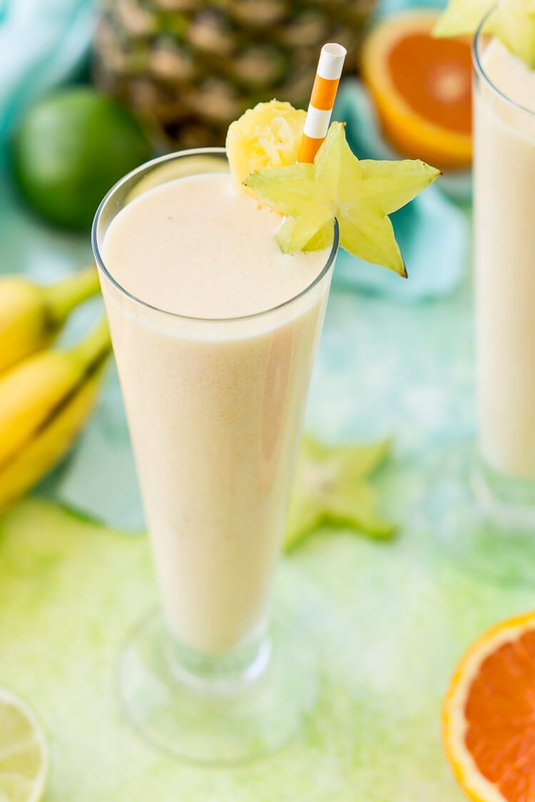 Tropical Smoothie made with orange, bananas, coconut, and pineapple.