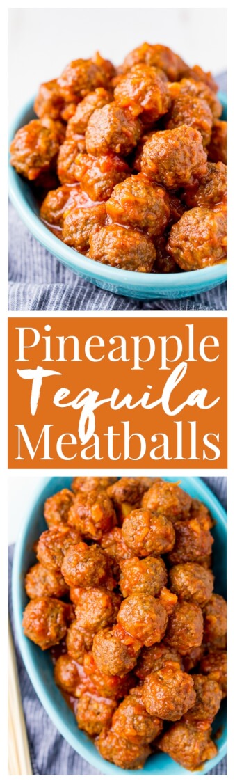 Pineapple Tequila Meatballs will get your game day party started out right! Just dump the four ingredients in the crock pot and let them slow cook for about 2 hours and they're ready to go! via @sugarandsoulco