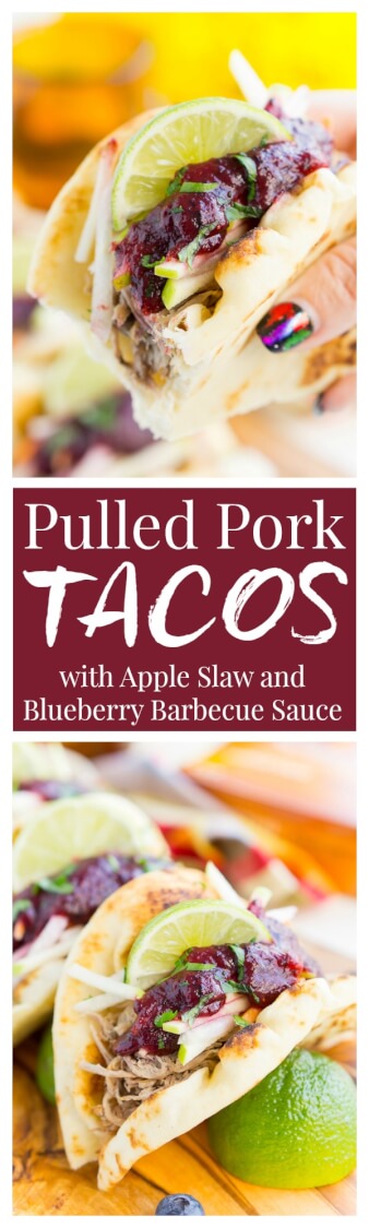 Pulled Pork Tacos with Blueberry Barbecue Sauce are perfect for game days and weeknights! A pork shoulder is slow cooked in root beer, topped with an apple slaw and homemade blueberry barbecue sauce all nestled in delicious naan bread! via @sugarandsoulco