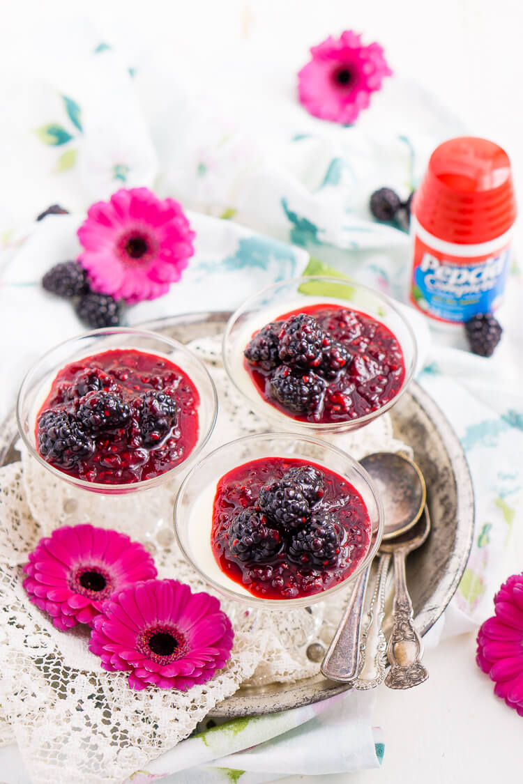 Blackberry Buttermilk Panna Cotta is a delicious Southern twist on a classic Italian dessert. A sweet panna cotta topped with a bold blackberry sauce.