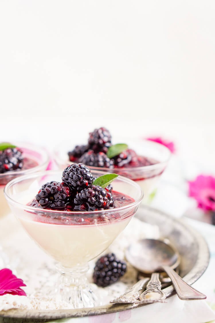 Blackberry Buttermilk Panna Cotta is a delicious Southern twist on a classic Italian dessert. A sweet panna cotta topped with a bold blackberry sauce.