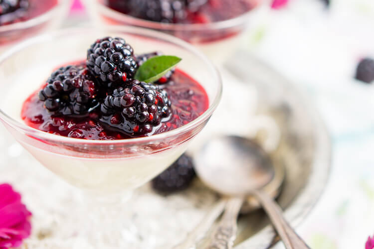 Blackberry Buttermilk Panna Cotta is a delicious Southern twist on a classic Italian dessert. A sweet panna cotta topped with a bold blackberry sauce.