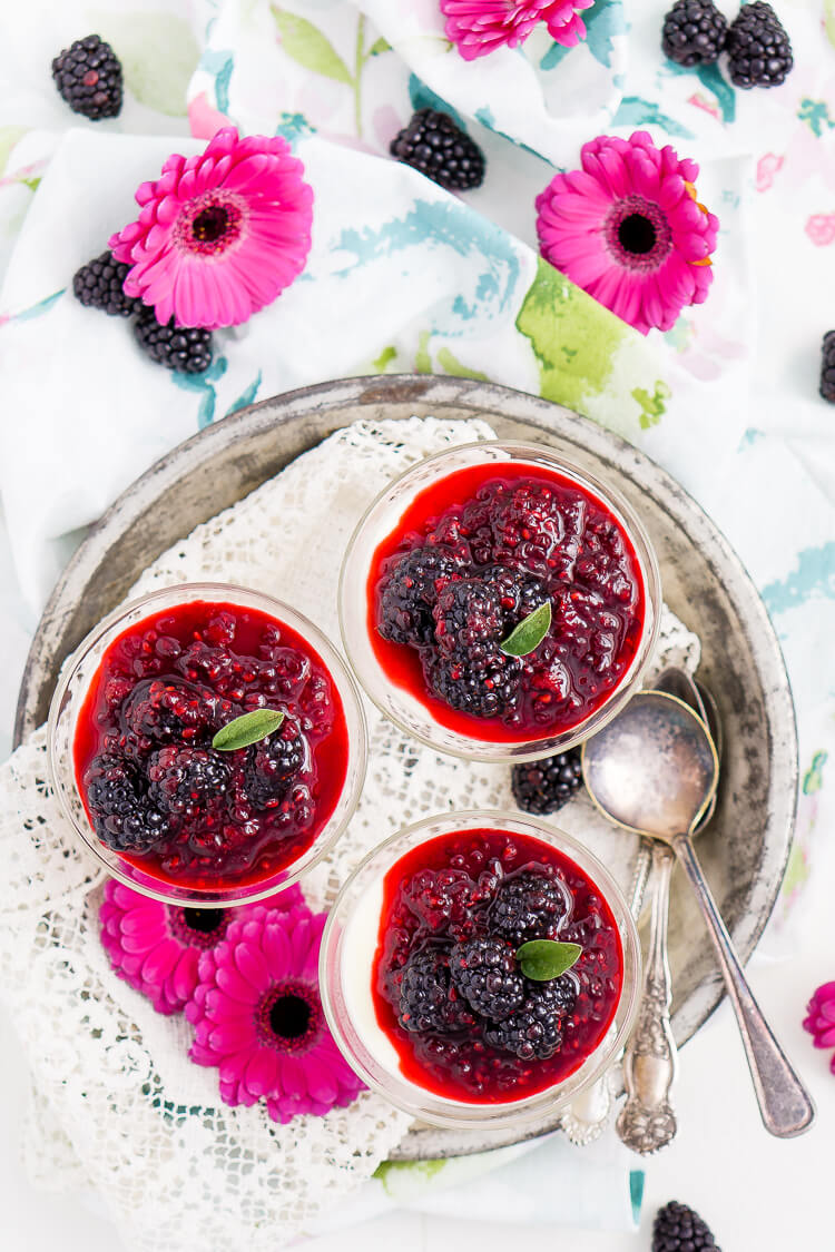 Blackberry Buttermilk Panna Cotta is a delicious Southern twist on a classic Italian dessert. A sweet panna cotta topped with a bold blackberry sauce.