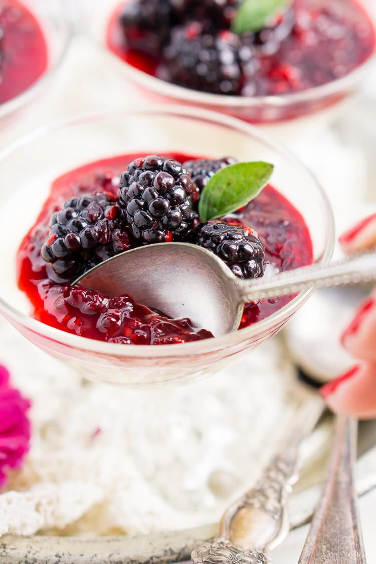 Blackberry Buttermilk Panna Cotta is a delicious Southern twist on a classic Italian dessert. A sweet panna cotta topped with a bold blackberry sauce.