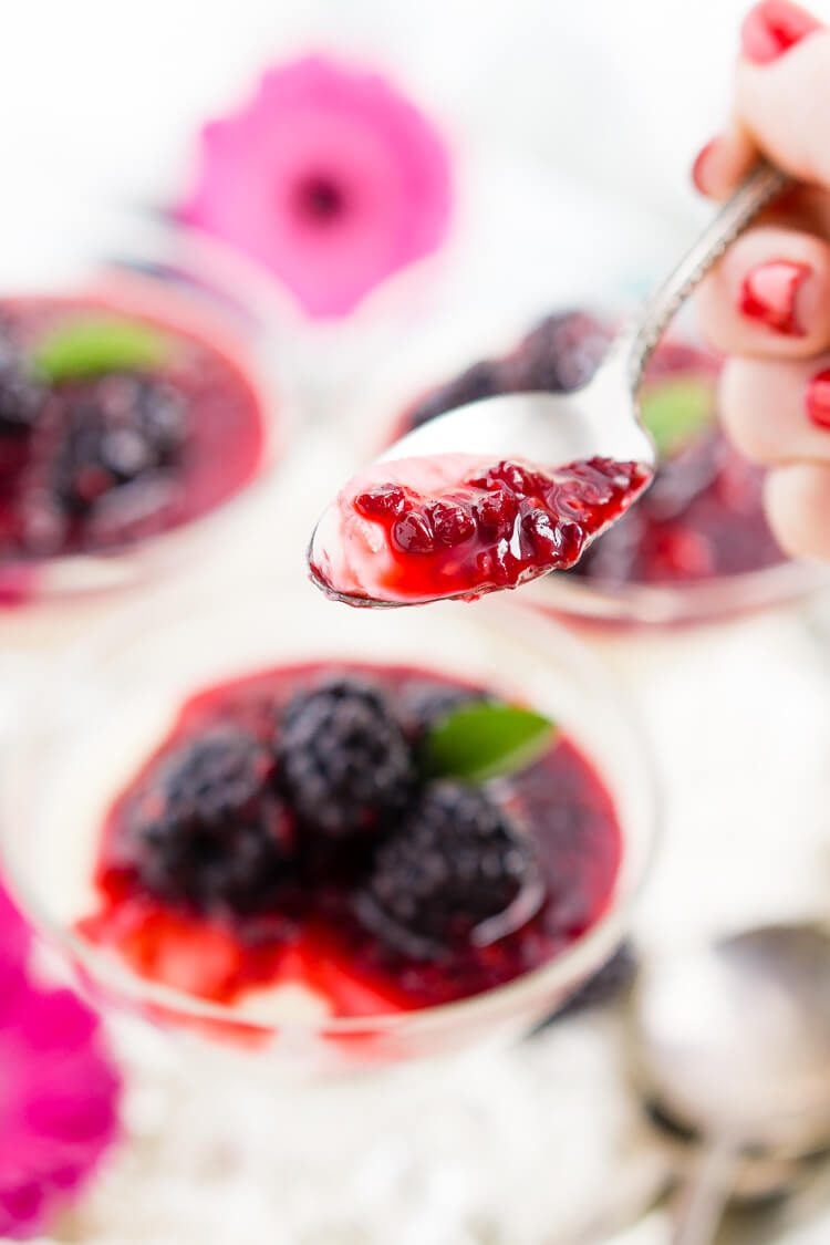 Blackberry Buttermilk Panna Cotta is a delicious Southern twist on a classic Italian dessert. A sweet cream and buttermilk based panna cotta topped with a tantalizing blend of bold blackberry sauce.