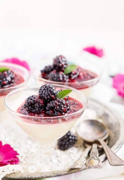 Blackberry Buttermilk Panna Cotta is a delicious Southern twist on a classic Italian dessert. A sweet panna cotta topped with a bold blackberry sauce.