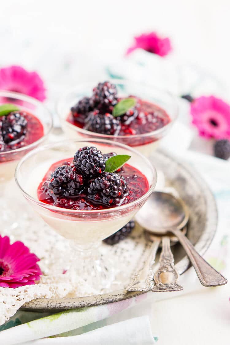 Blackberry Buttermilk Panna Cotta is a delicious Southern twist on a classic Italian dessert. A sweet panna cotta topped with a bold blackberry sauce.