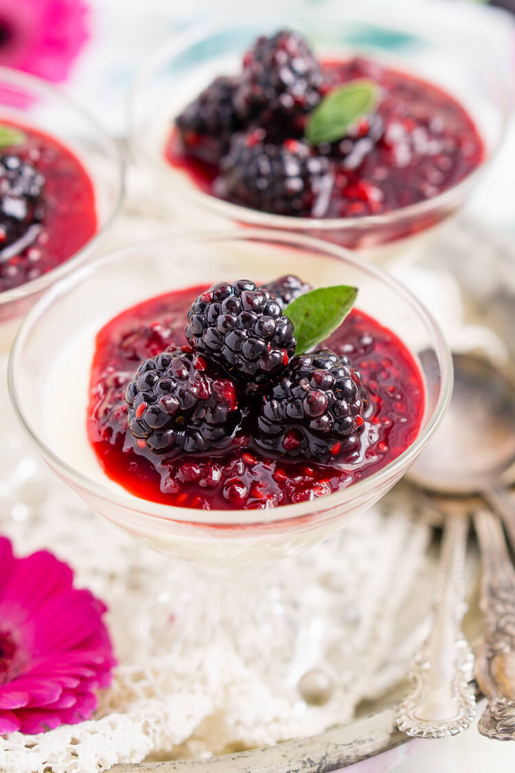 Blackberry Buttermilk Panna Cotta is a delicious Southern twist on a classic Italian dessert. A sweet panna cotta topped with a bold blackberry sauce.