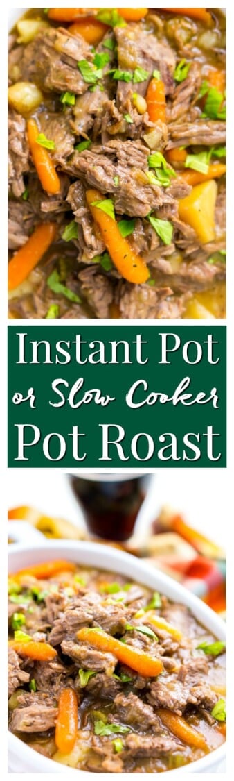Instant Pot Pot Roast is a fast and delicious homestyle dinner recipe that's ready in about an hour with an Instant Pot or eight hours with a slow cooker. via @sugarandsoulco