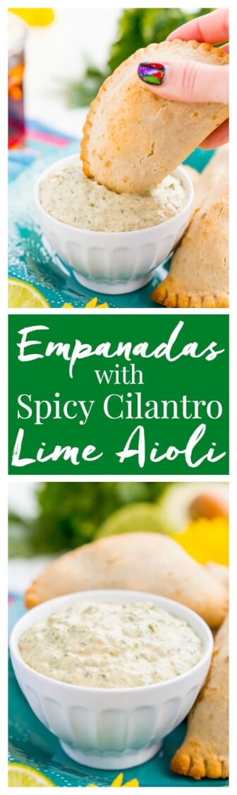 This Spicy Cilantro Lime Aioli is the perfect pairing for chicken empanadas, tortilla chips, and so much more. A blend of cilantro, jalapeños, lime, garlic, and spices make for an addictive dip! via @sugarandsoulco