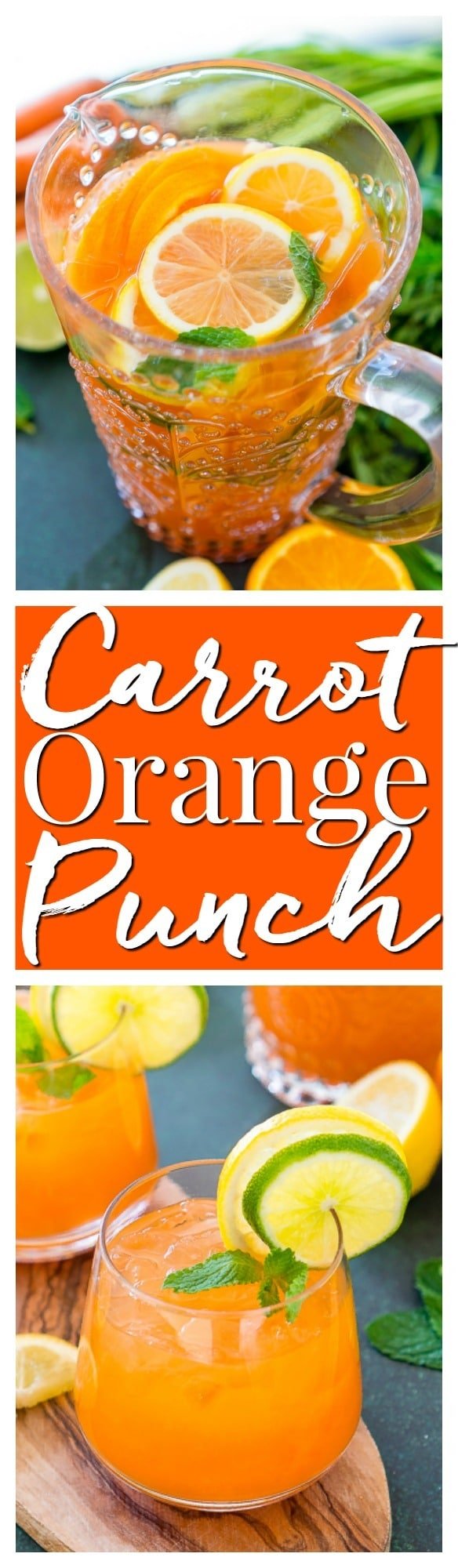 This Carrot Orange Punch is the perfect drink for spring, an easy mix of juice, soda, and fruit slices. It only takes 5 minutes to make and you can add alcohol if you want for a boozy punch! via @sugarandsoulco