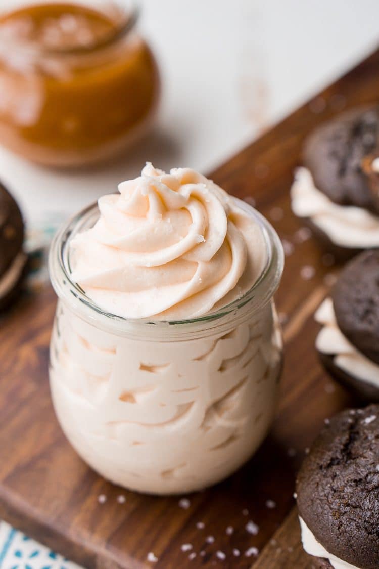 Salted Caramel Frosting is a delicious buttercream recipe for cakes, cupcakes, whoopie pies and more! Whip it up in just a few minutes!