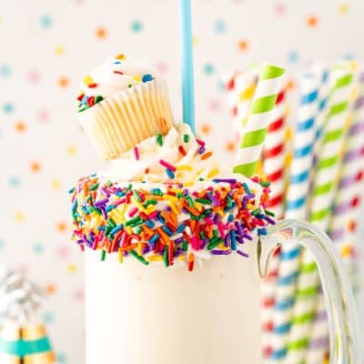 Close up of a birthday cake milkshake.