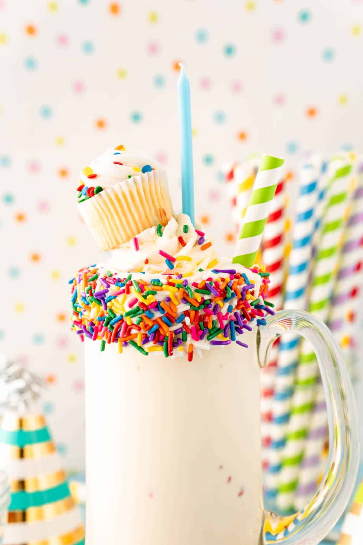 Close up of a birthday cake milkshake.