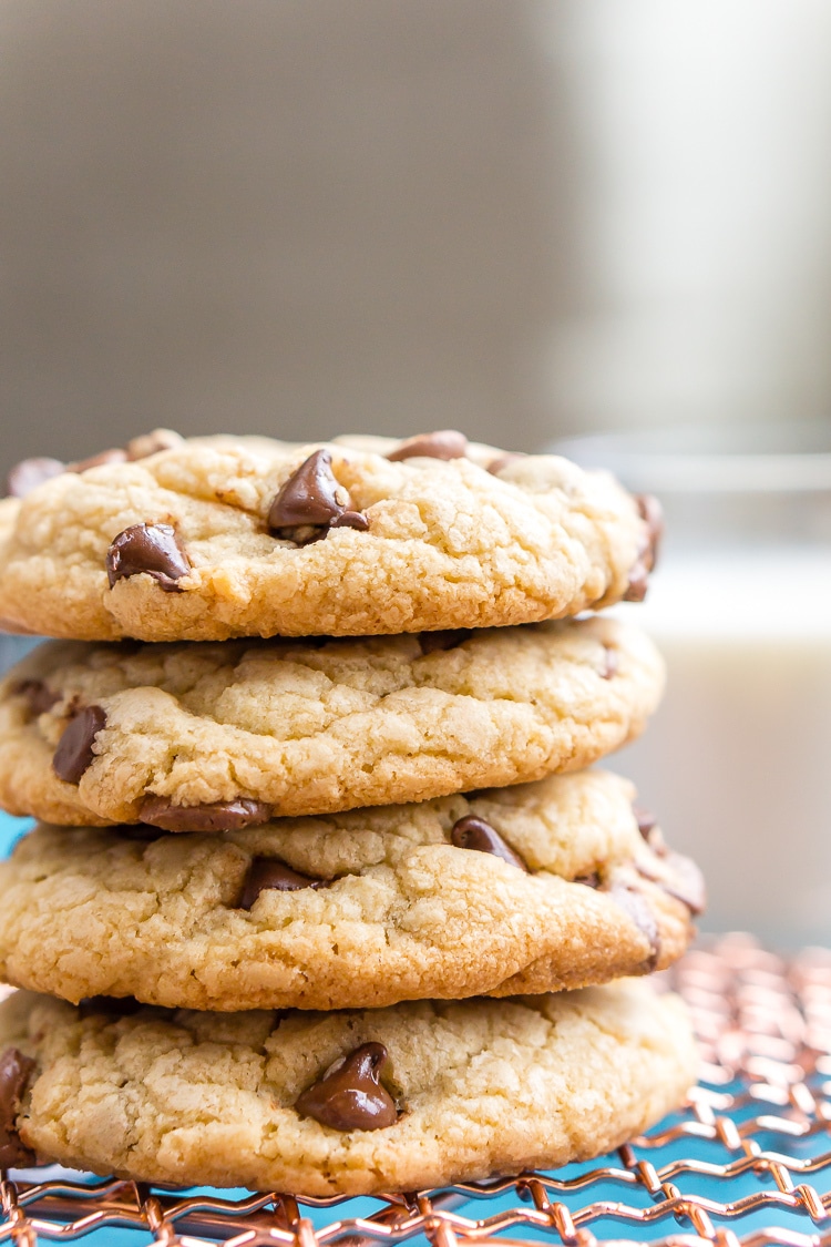 These Bakery Style Chocolate Chip Cookies are perfection! They're big, thick, and chewy and loaded with milk and semisweet chocolate chips!