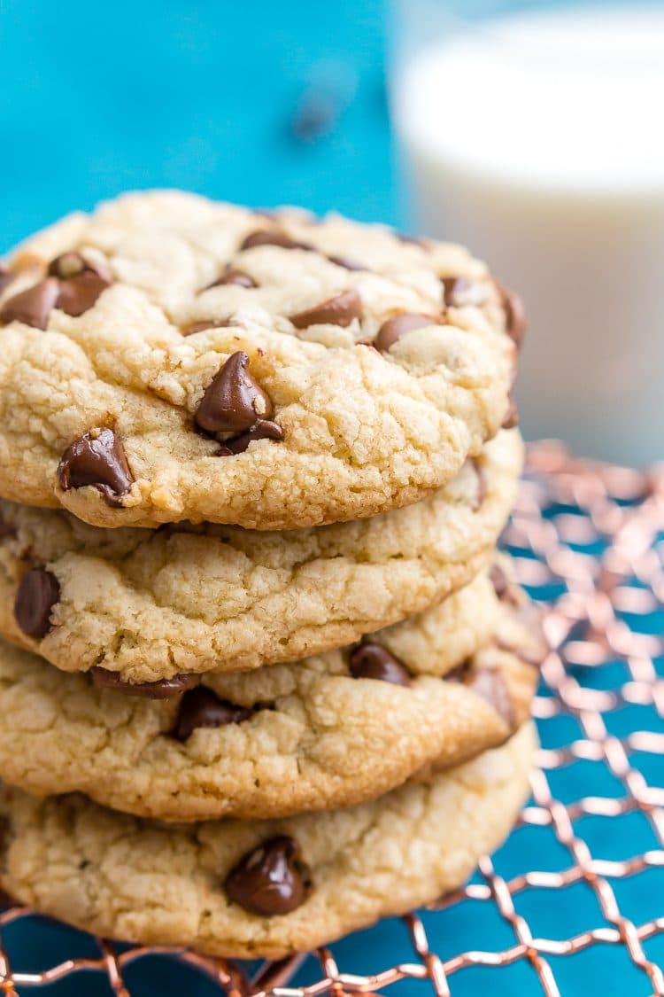 Close up photo of a stack of chocolate chip cookies.