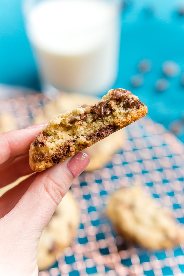 These Bakery Style Chocolate Chip Cookies are perfection! They're big, thick, and chewy and loaded with milk and semisweet chocolate chips!