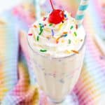 This Birthday Cake Milkshake is ready in 5 minutes and made with just 5 simple ingredients - ice cream, milk, vanilla, sugar, and sprinkles - and is perfect for when you want a quick sweet treat.