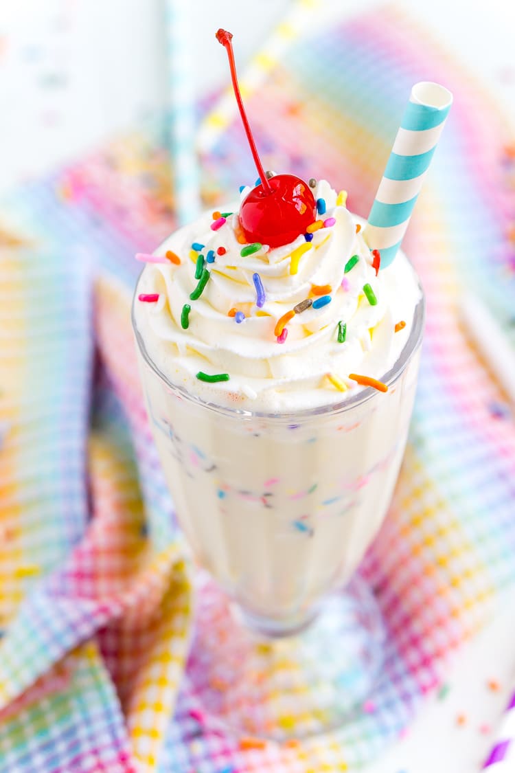 This Birthday Cake Milkshake is ready in 5 minutes and made with just 5 simple ingredients - ice cream, milk, vanilla, sugar, and sprinkles - and is perfect for when you want a quick sweet treat.