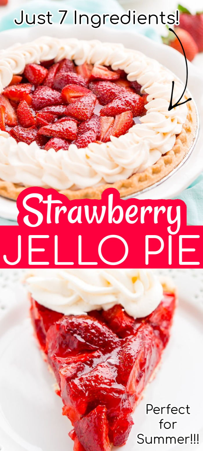 This Strawberry Jello Pie is made with fresh, ripe strawberries, jello, and a few other simple ingredients for a delicious and easy summertime dessert! Just 10 minutes to prep! via @sugarandsoulco