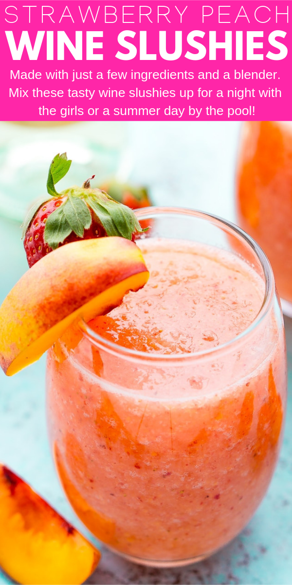 Strawberry Peach Wine Slushies are made with just a few ingredients and a blender. Mix them up for a night with the girls or a summer day by the pool! via @sugarandsoulco